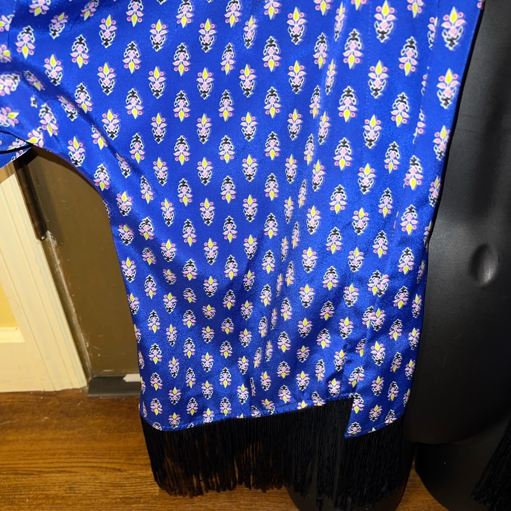 Olsenboye Blue Boho Open Front Black Fringe Y2K Hippie Draped Cardigan Size XS - Picture 5 of 10